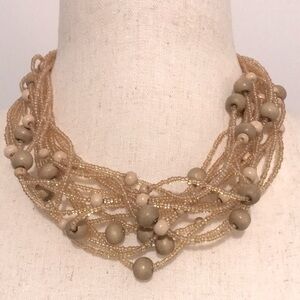Like-New! Multi-Strand Gold Seed and Wood Bead Statement Necklace
